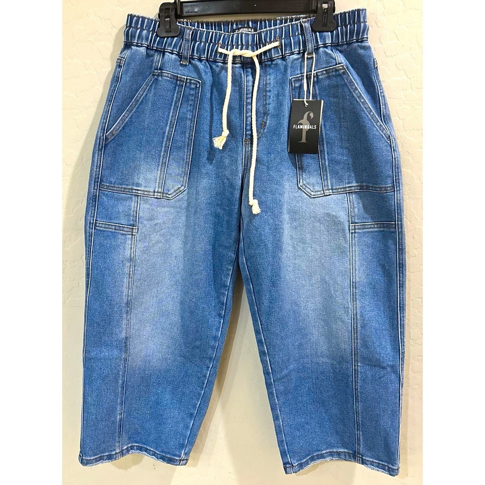 NWT Flamingals Women Blue Denim Cargo  Elastic Waist Drawstring Utility Jeans XL